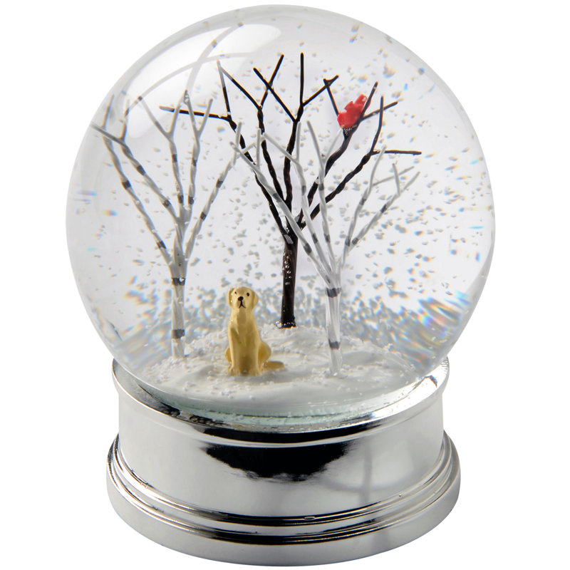 Die Saisontruhe Schneekugel Puppy in Birch Trees and Cardinal Bird